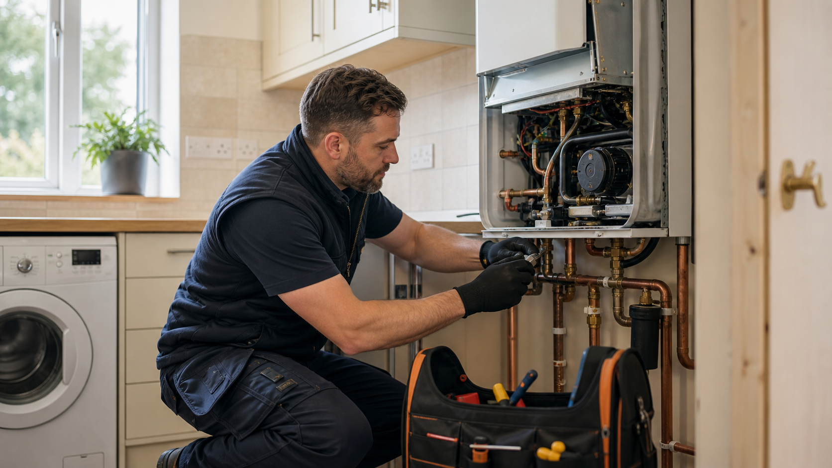Heating engineer working on an open gas boiler in a tidy home utility room